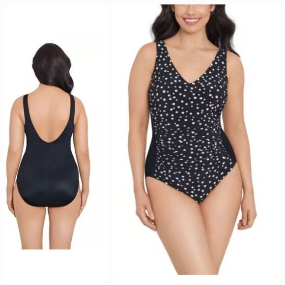 NEW Trimshaper "Jean" Ruched Polka Dot Shapewear Swimsuit Size 18 $109 Retail - Picture 1 of 10